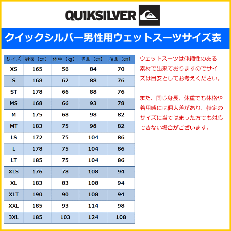 14サイズ展開！クイックシルバーウェットスーツ 3×2mm フルスーツ 